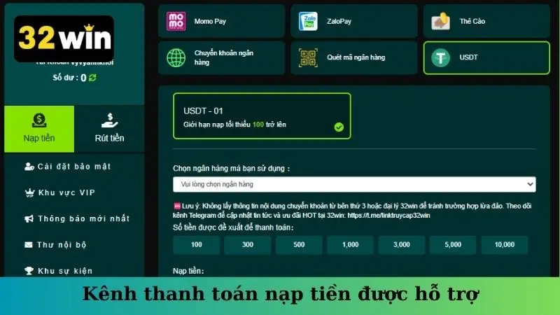 Kênh thanh toán nạp tiền được hỗ trợ