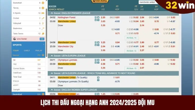 Lịch đá giải Premier  League 2024/2025 của MU