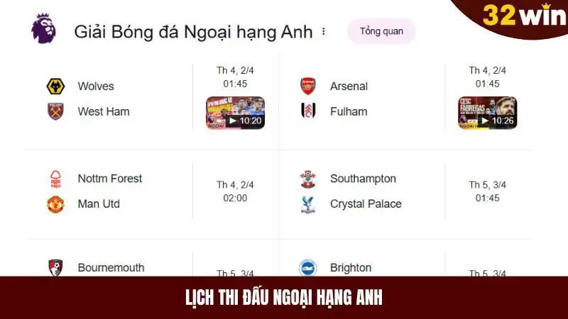 lịch thi đấu ngoại hạng anh